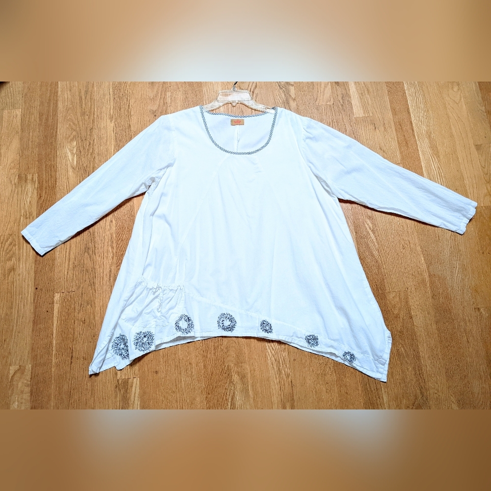 Tulip White Cotton Tunic Swing Top Artsy Boho Lined Pocket Flowy Cottagecore EUC